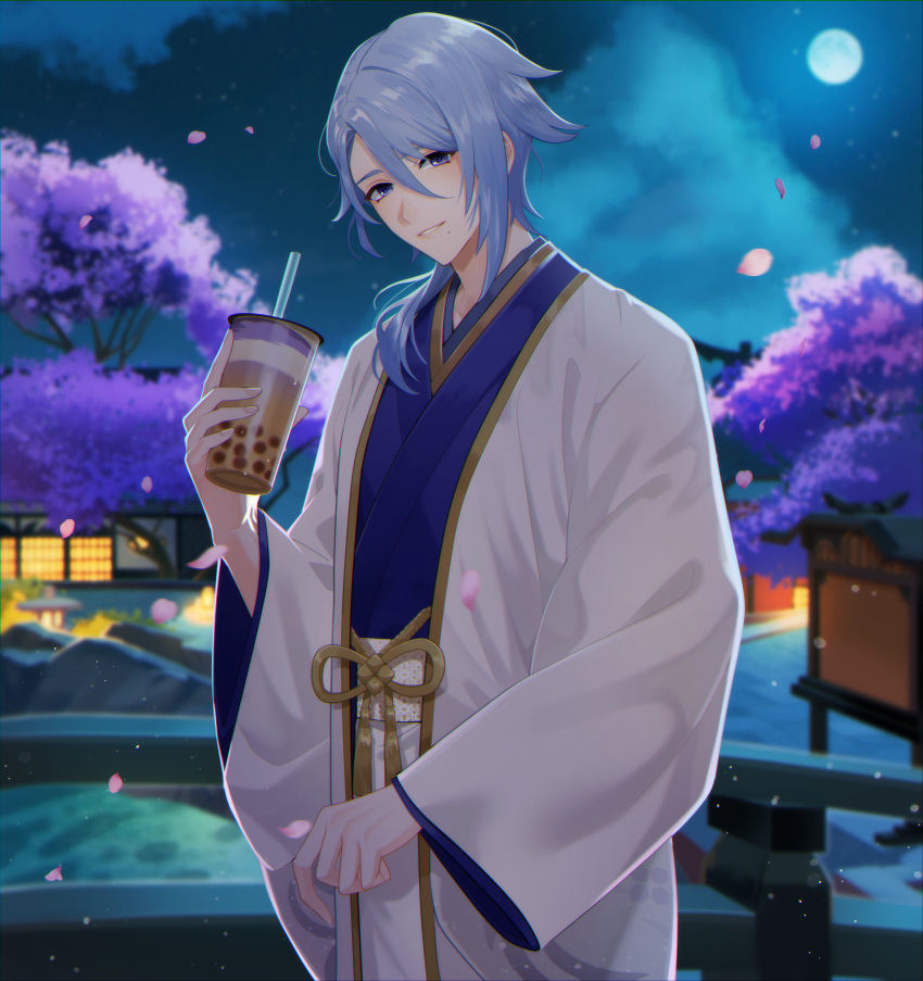 1boy, absurdres, blue_eyes, blue_hair, bubble_tea, genshin_impact, hair_between_eyes, highres