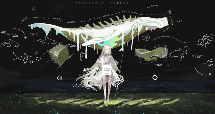 1girl, absurdres, animal, arrow_(symbol), barcode, barefoot, bell, bird, blue_eyes, clouds, creature, cube, english_text, equation, extra_eyes, fish, grass, grey_hair, hatching, highres, holding, holding_bell, jellyfish, light_particles, long_hair, looking_at_viewer, measurements, original, parted_lips, pause_button, replay, ric_li, scales, scribble, shark, slit_pupils, speech_bubble, spine, standing, third_eye_on_chest, turtle, very_long_hair, water