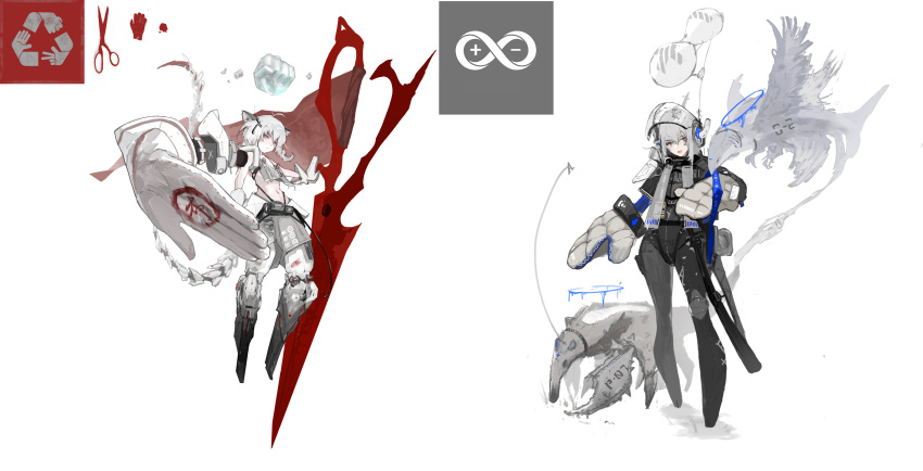 2girls, absurdres, animal, animal_ears, antenna_hair, arrow_(symbol), bag, balloon, barcode, bare_shoulders, bird, black_bag, blush, brown_eyes, chimera, claws, closed_mouth, collar, crab_claw, creature, cross, equation, extra_arms, floating, floating_object, flying, gloves, grey_background, grey_eyes, grey_gloves, grey_hair, hair_between_eyes, hair_ornament, hairclip, halo, highres, ice, infinity, kite_balloon, looking_at_viewer, math, mechanical_arms, mechanical_legs, mechanical_tail, medium_hair, minus_sign, multicolored_clothes, multicolored_gloves, multiple_girls, navel, open_hands, open_mouth, original, oversized_object, plus_sign, pouch, recycling_symbol, red_gloves, ric_li, science_fiction, scissors, see-through, short_hair, simple_background, smile, tail, transparent, two-tone_gloves, weapon, white_gloves, zipper, zipper_pull_tab