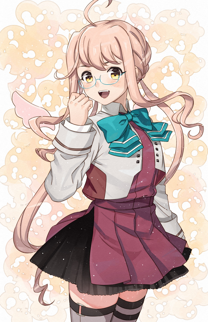 1girl, absurdres, ahoge, aqua_bow, aqua_bowtie, black_skirt, blush, bow, bowtie, cowboy_shot, glasses, grey_thighhighs, highres, kanmiya_shinobu, kantai_collection, long_hair, long_sleeves, low_twintails, makigumo_(kancolle), makigumo_kai_ni_(kancolle), open_mouth, pink_hair, pleated_skirt, purple_skirt, purple_vest, sidelocks, skirt, smile, solo, thigh-highs, twintails, vest, yellow_eyes