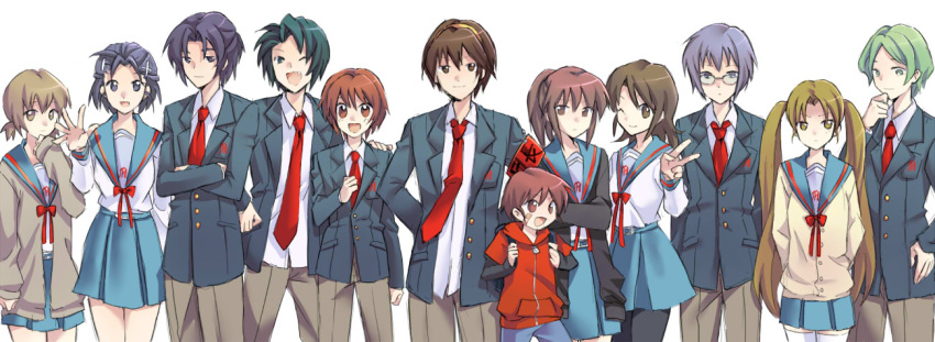 5girls, 6+boys, :d, armband, asahina_mitsuru, asakura_ryou, ayamoto, backpack