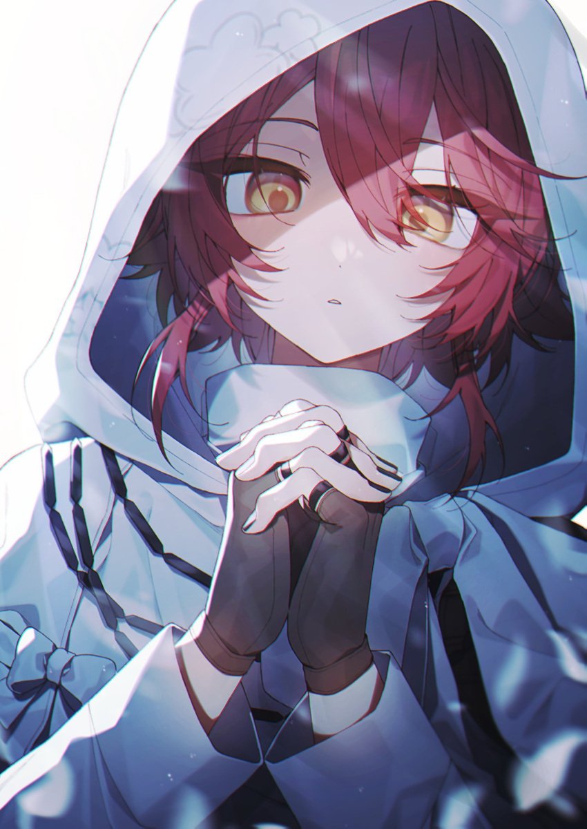 1boy, black_nails, brown_gloves, cloak, coojisan, fingerless_gloves, gloves, hair_between_eyes