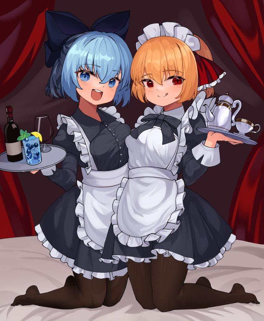 2girls, :d, :q, absurdres, alternate_costume, apron, bed, black_dress