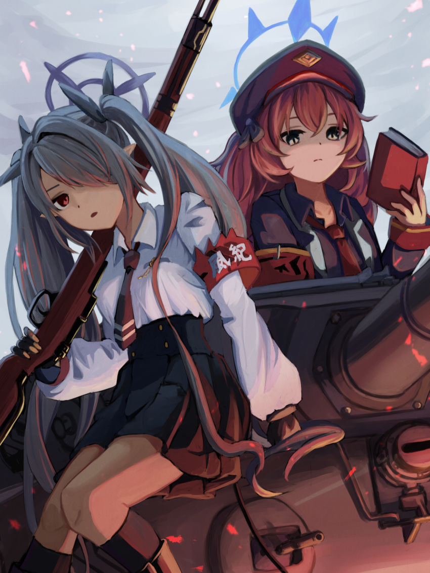 2girls, absurdres, armband, bangs, black_gloves, black_shirt, black_skirt, blue_archive