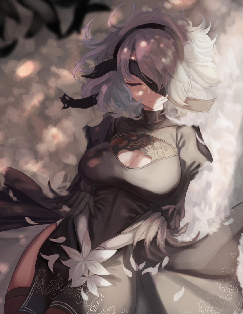 1girl, black_blindfold, black_dress, blindfold, breasts, cleavage_cutout, closed_eyes, clothing_cutout, dress, feather-trimmed_sleeves, feather_trim, flower, highres, juliet_sleeves, large_breasts, long_sleeves, lying, m0_chi, mole, mole_under_mouth, nier_(series), nier_automata, on_back, one_eye_covered, puffy_sleeves, short_hair, white_flower, white_hair, yorha_no._2_type_b