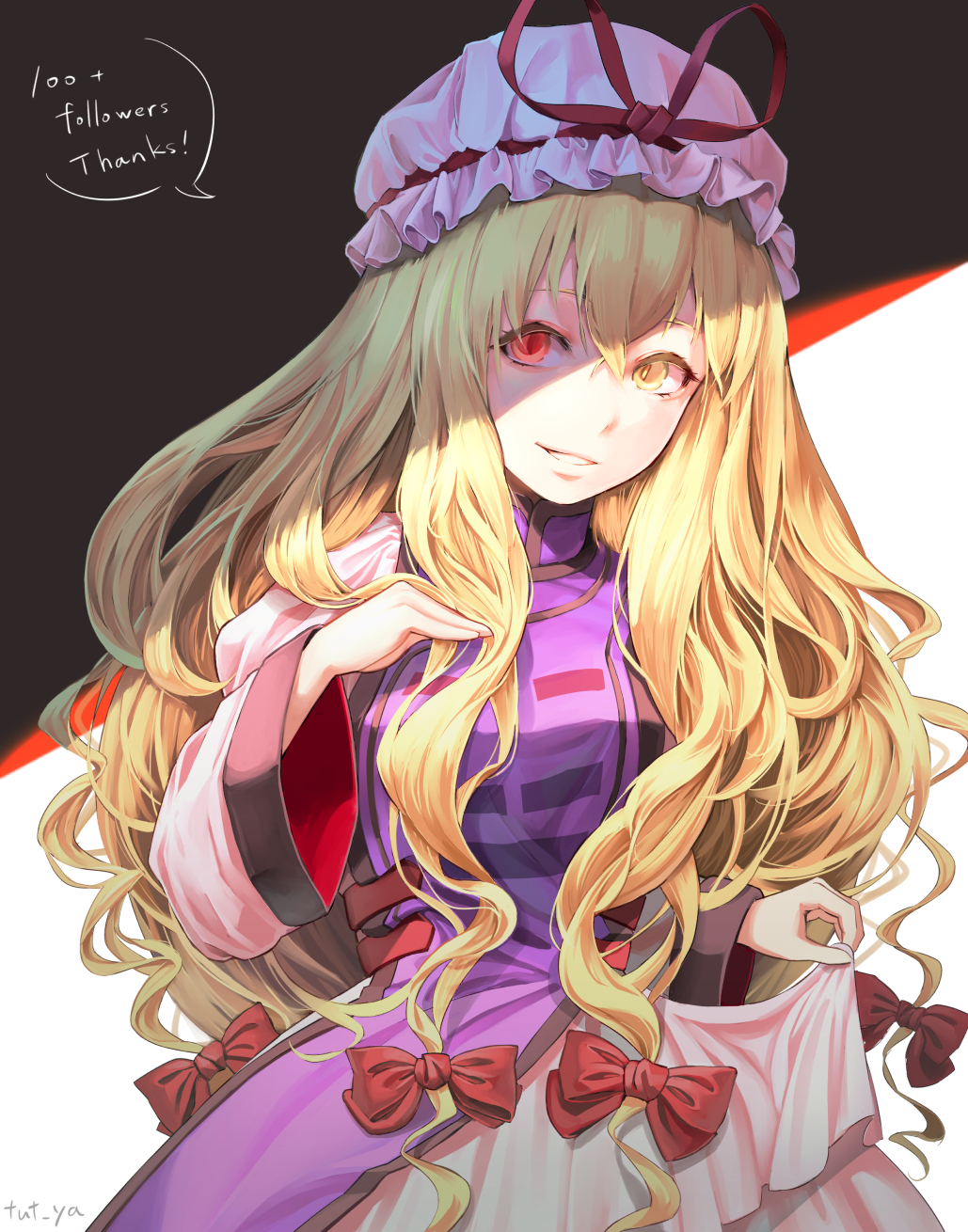 1girl, bangs, blonde_hair, bow, breasts, clothes_lift, dress, dress_lift, hair_between_eyes, hair_bow, hat, hat_ribbon, heterochromia, highres, long_hair, long_sleeves, medium_breasts, mob_cap, red_bow, red_eyes, red_ribbon, ribbon, solo, tabard, teeth, touhou, very_long_hair, white_dress, wide_sleeves, yakumo_yukari, yawdeone, yellow_eyes