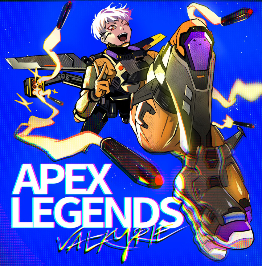 1girl, apex_legends, armor, blue_background, bodysuit, boots, breastplate, chromatic_aberration