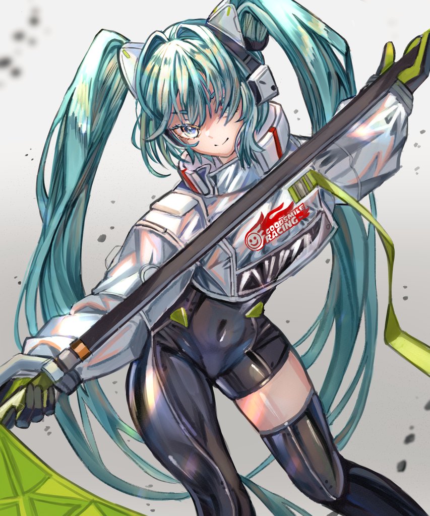 1girl, aqua_eyes, aqua_hair, asymmetrical_bodysuit, black_bodysuit, black_gloves, bodysuit, boots, covered_navel, cropped_jacket, flag, flagpole, flame_print, gloves, goodsmile_company, green_gloves, hatsune_miku, headgear, holding, holding_flag, holding_pole, jacket, long_hair, long_sleeves, looking_at_viewer, pole, puffy_sleeves, racequeen, racing_miku, racing_miku_(2022), rudang, shrug_(clothing), single_thigh_boot, smile, smiley_face, solo, thigh_boots, thighs, twintails, two-tone_gloves, very_long_hair, vocaloid, white_jacket, wind, wind_lift