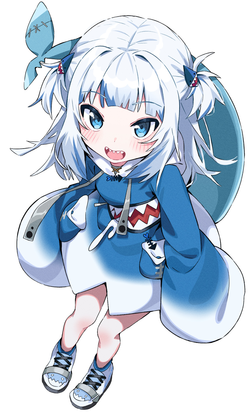 1girl, blue_eyes, blue_hair, blue_hoodie, blue_socks, blush, fish_tail, full_body