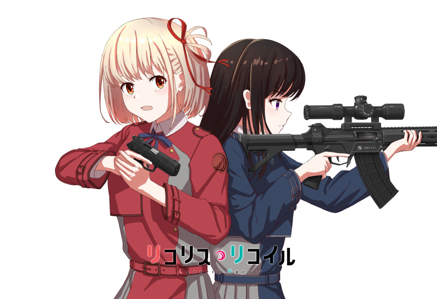 2girls, aiming, assault_rifle, bangs, belt, black_hair, blonde_hair, blue_belt