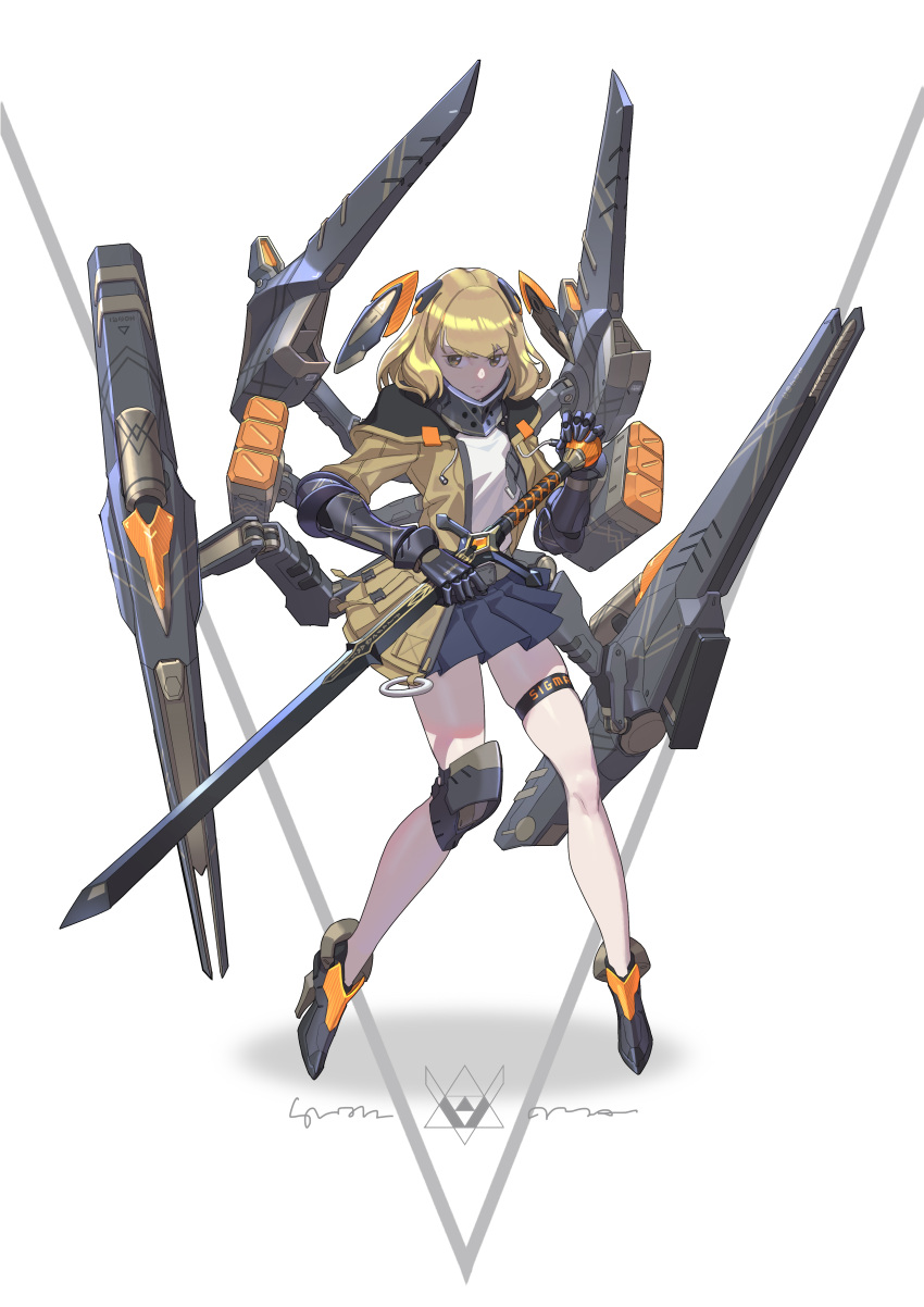 1girl, absurdres, blonde_hair, blue_skirt, brown_eyes, brown_jacket, closed_mouth, clothes_writing