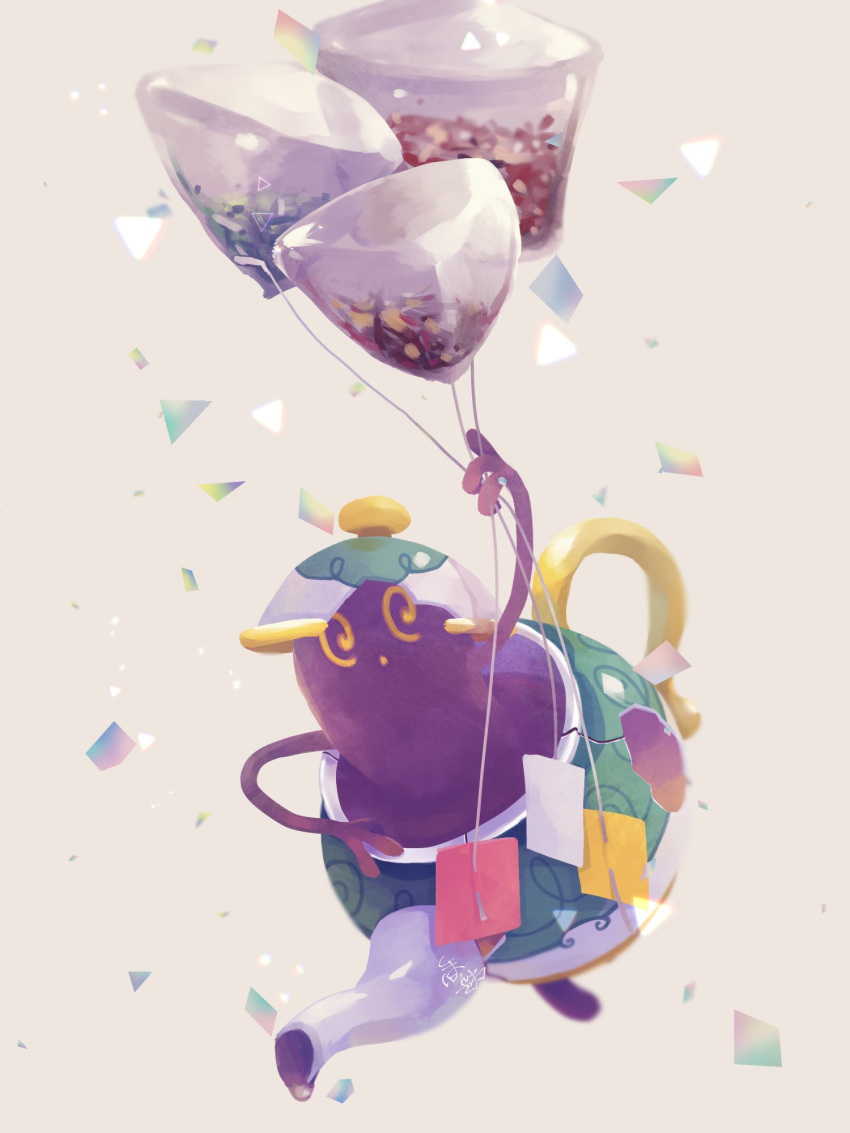 @_@, commentary_request, confetti, highres, holding, holding_string, hontoni_wasabi, looking_at_viewer, no_humans, pokemon, pokemon_(creature), polteageist, solo, string, teabag, teapot, yellow_eyes