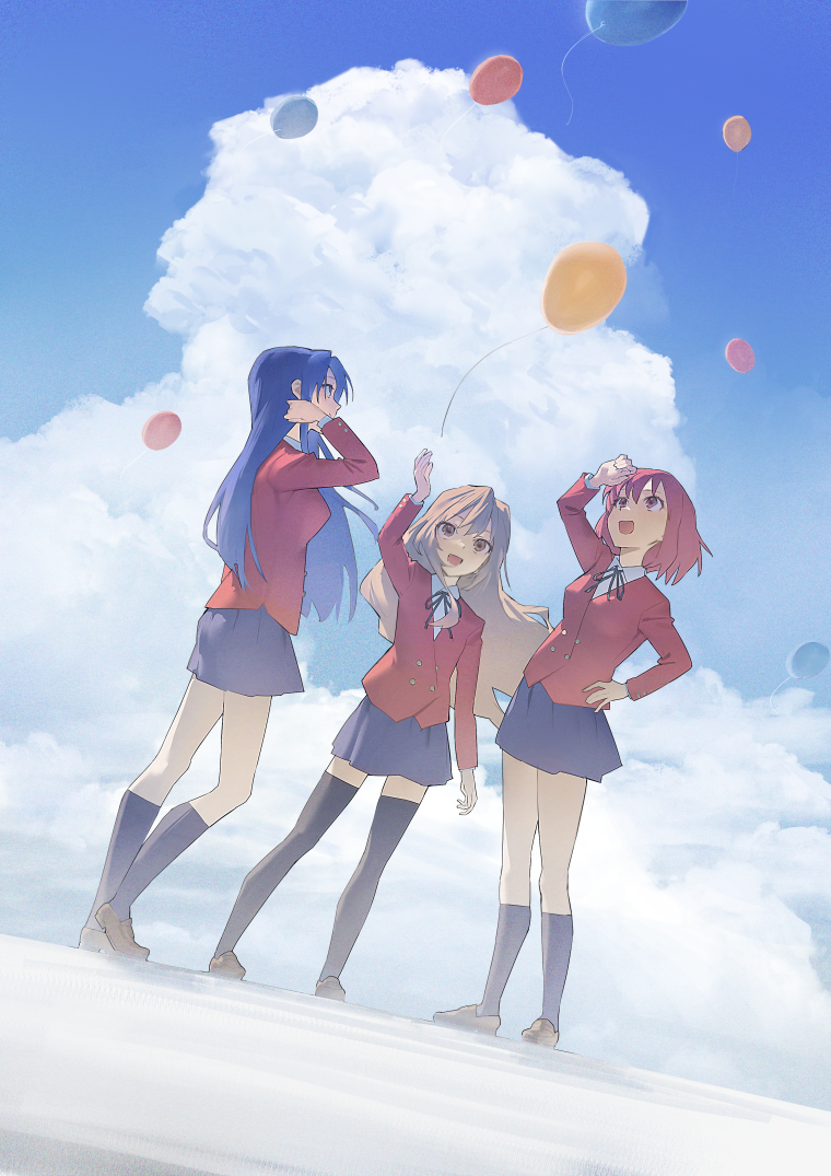 3girls, aisaka_taiga, arm_up, balloon, black_ribbon, black_socks, black_thighhighs, blue_eyes