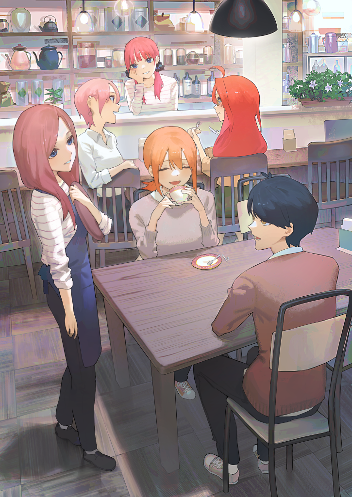 1boy, 5girls, ahoge, apron, bangs, black_hair, black_ribbon, blue_apron