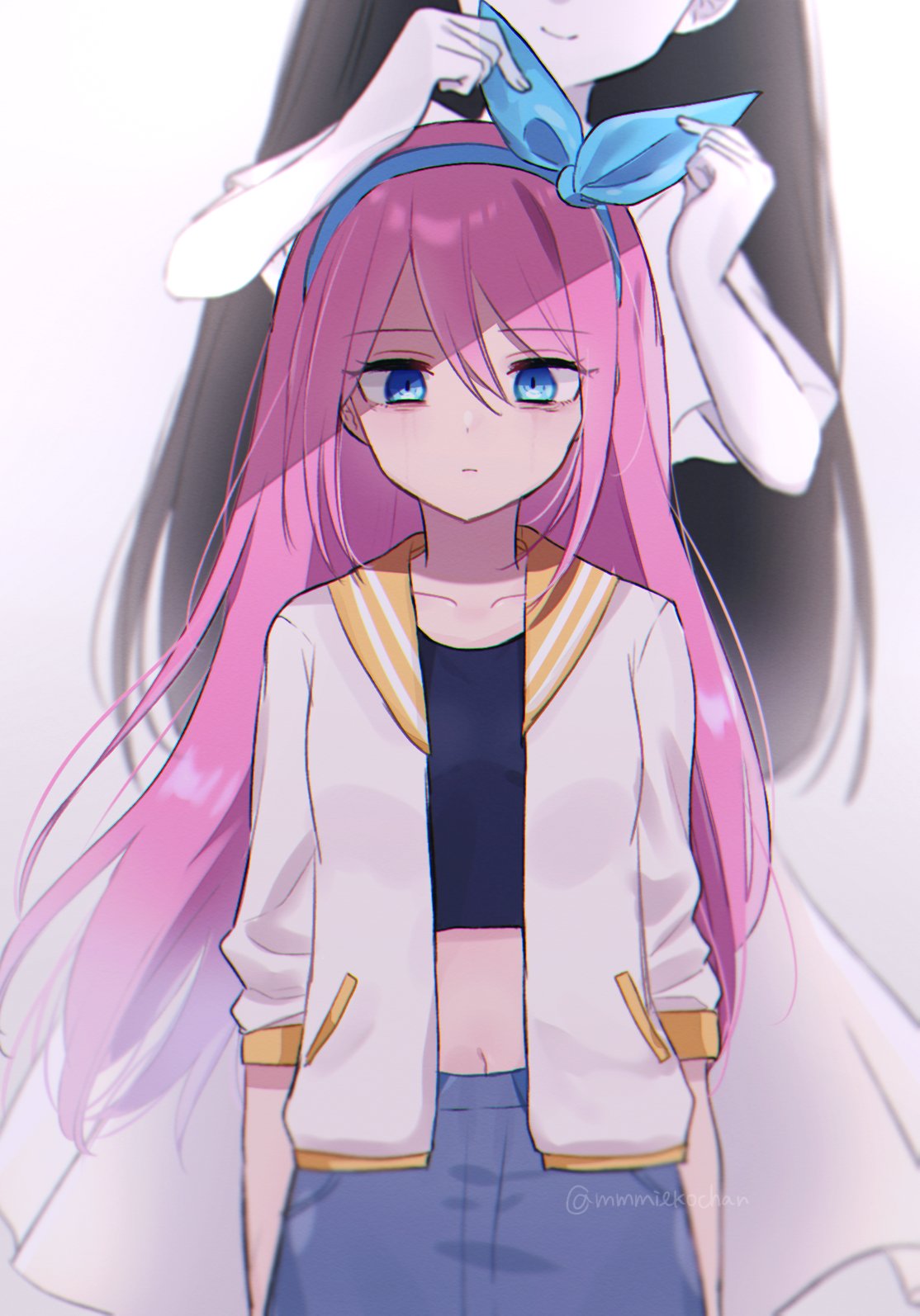 2girls, alternate_eye_color, aubrey_(omori), bags_under_eyes, black_hair, blue_eyes, closed_mouth, colored_skin