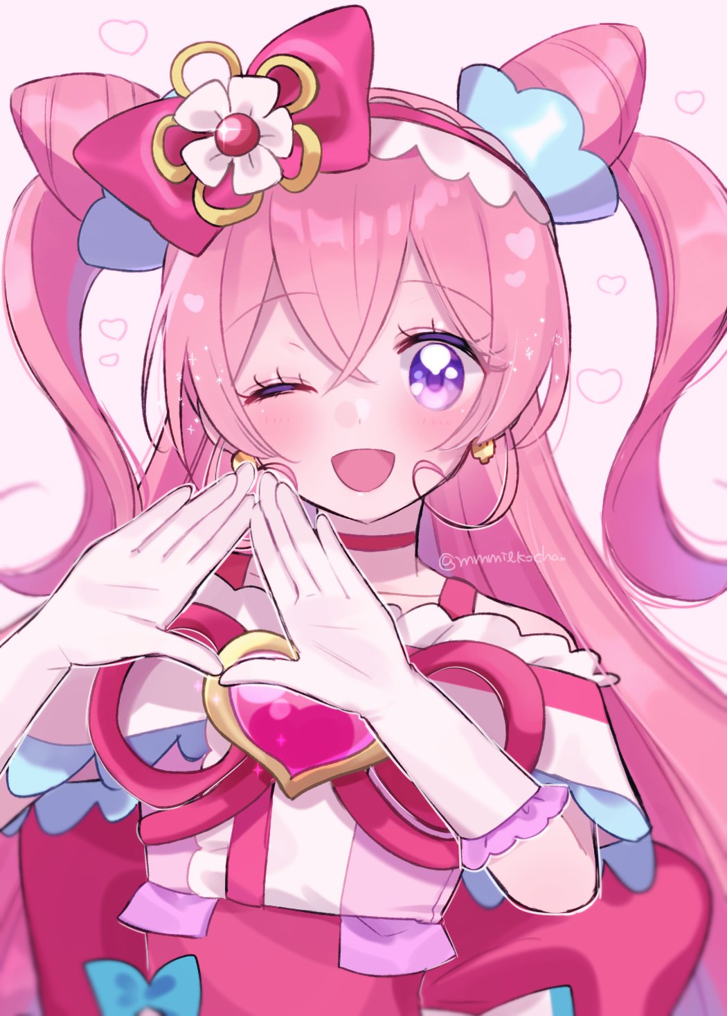 1girl, blush, choker, collarbone, cure_precious, delicious_party_precure, elbow_gloves, gloves, highres, long_hair, miruko_(mmmilkochan), nagomi_yui, one_eye_closed, open_mouth, pink_hair, precure, smile, solo, triangle_hands, twitter_username, upper_body, violet_eyes, white_gloves