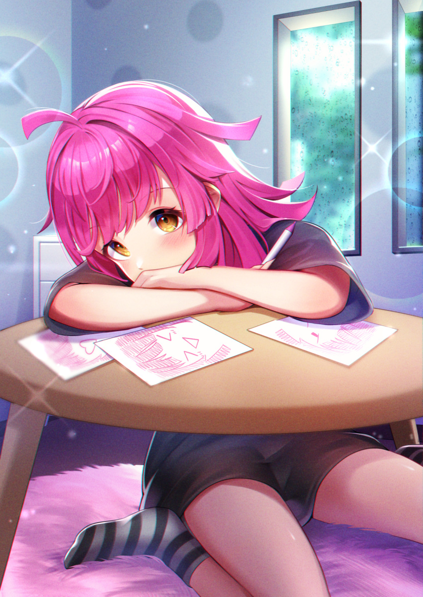 1girl, ahoge, arms_on_table, bangs, black_shirt, black_socks, blunt_bangs, blunt_ends