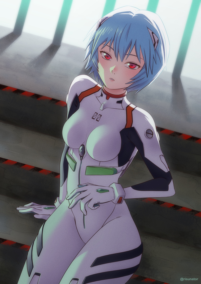 1girl, arm_support, artist_name, ayanami_rei, blue_hair, bodysuit, breasts, commission