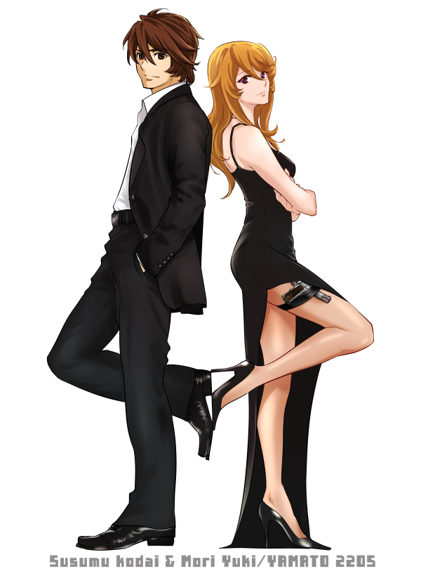 1boy, 1girl, bangs, bare_arms, bare_legs, black_dress, black_footwear, black_jacket, black_pants, brown_eyes, brown_hair, character_name, closed_mouth, collared_shirt, copyright_name, crossed_arms, dress, from_side, full_body, gun, hair_between_eyes, handgun, high_heels, holster, jacket, kodai_susumu, long_hair, long_sleeves, looking_at_viewer, mori_yuki, mr._and_mrs._smith, open_clothes, open_jacket, pants, pumps, shirt, short_hair, simple_background, sleeveless, sleeveless_dress, straight_hair, thigh_holster, uchuu_senkan_yamato, uchuu_senkan_yamato_2199, uchuu_senkan_yamato_2205:_arata_naru_tabidachi, violet_eyes, weapon, white_background, white_shirt, wing_collar, yokon2199