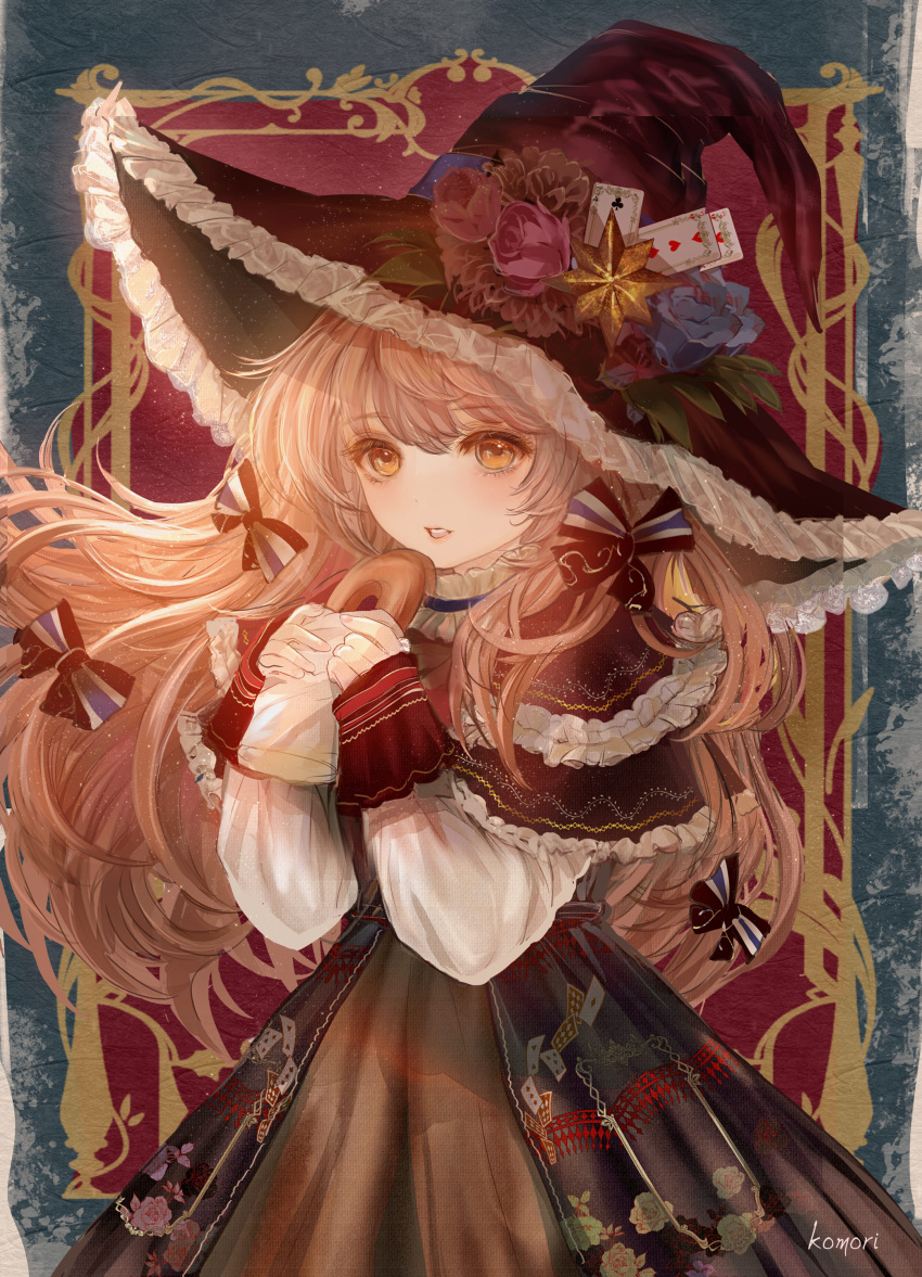 1girl, absurdres, artist_name, bag, bangs, blue_flower, bow, brown_dress