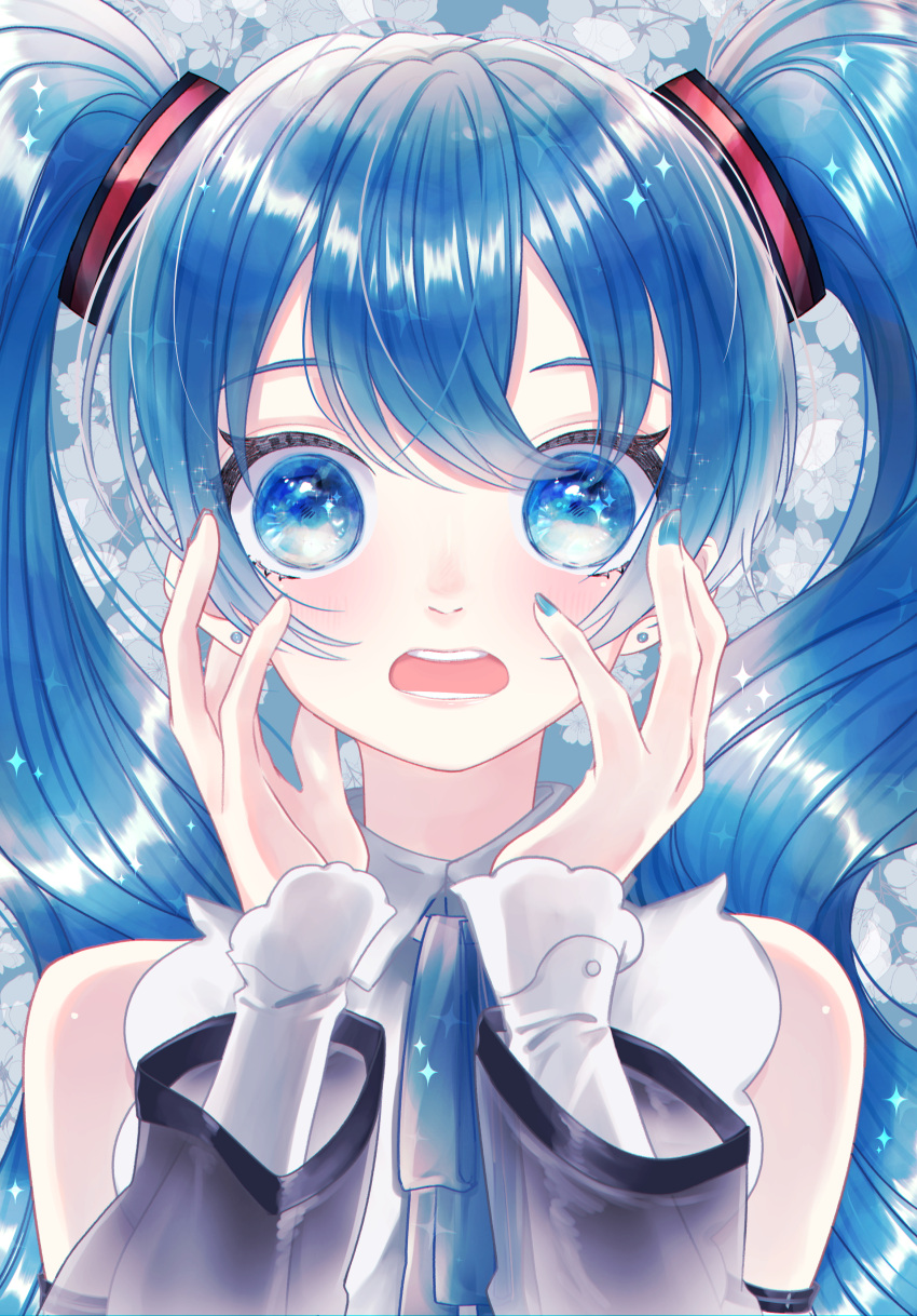 1girl, absurdres, bangs, blue_eyes, blue_hair, blue_nails, blue_ribbon, collared_shirt, detached_sleeves, earrings, grey_sleeves, hair_between_eyes, hair_ornament, hatsune_miku, hatsune_miku_(nt), highres, jewelry, long_hair, looking_at_viewer, nail_polish, namikaze_bon, neck_ribbon, open_mouth, ribbon, shiny, shiny_hair, shirt, sleeveless, sleeveless_shirt, solo, twintails, upper_body, vocaloid, white_shirt, wing_collar
