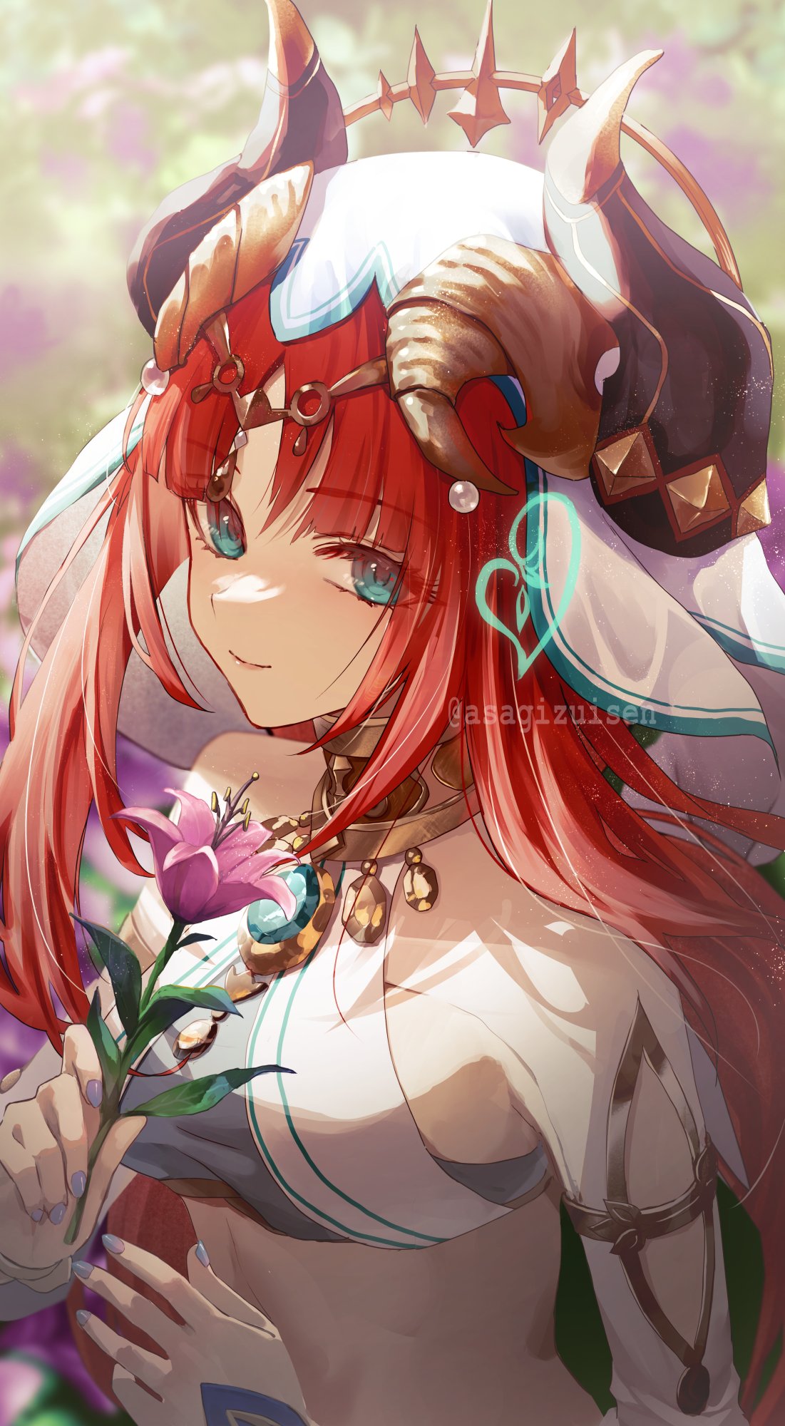 1girl, asagizuisen, bangs, blue_eyes, blue_gemstone, blurry, blurry_background, breasts
