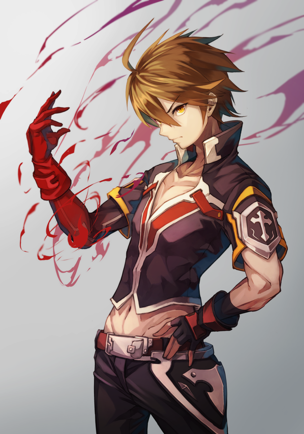 1boy, ahoge, asymmetrical_gloves, belt, black_gloves, blazblue, blood, brown_hair