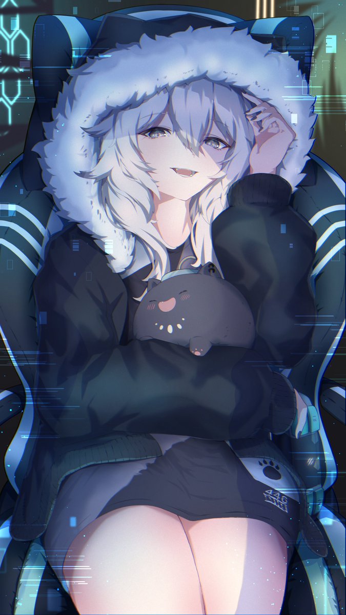 1girl, animal_ears, aoi_eno, black_hood, black_hoodie, black_nails, black_shirt, black_skirt, chair, commentary, english_commentary, fangs, gaming_chair, grey_eyes, grey_hair, highres, hololive, hood, hood_up, hoodie, lion_ears, lion_girl, long_sleeves, looking_at_viewer, nail_polish, open_mouth, shirt, shishiro_botan, skirt, smile, ssrb, thighs, virtual_youtuber