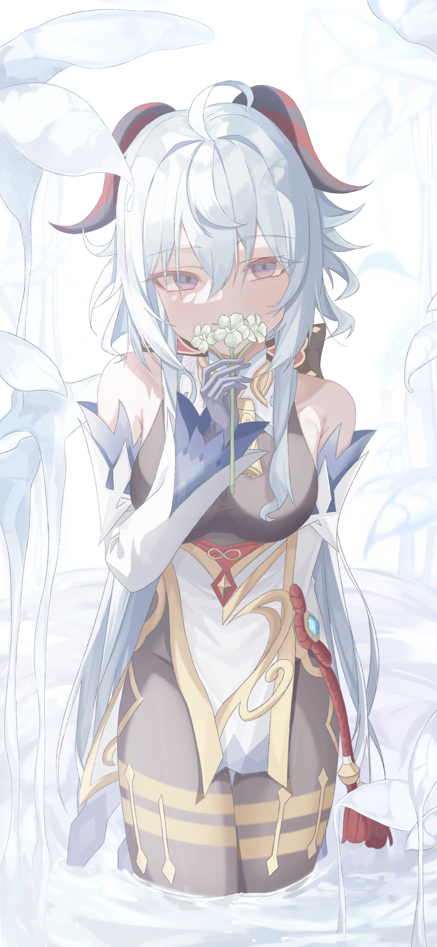 1girl, absurdres, ahoge, bangs, bare_shoulders, black_pantyhose, blue_gloves, blue_hair