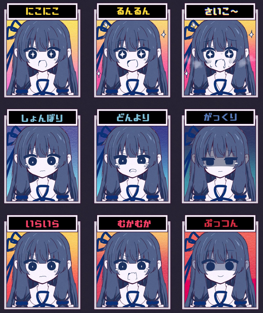1girl, :d, angry, bangs, blue_eyes, blue_hair, blush, commentary_request