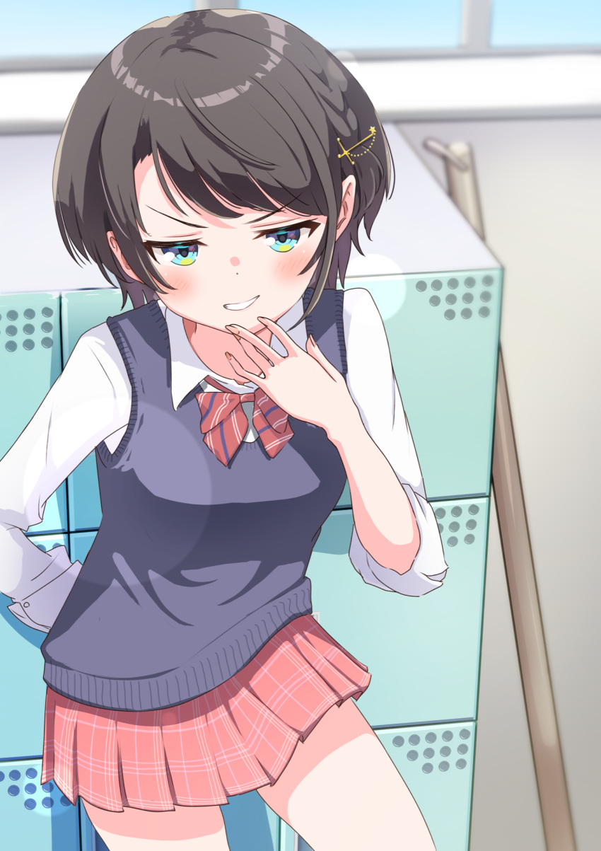 1girl, bangs, black_hair, blue_eyes, blue_sweater_vest, blush, bow, bowtie