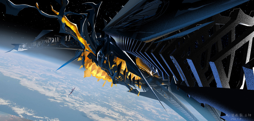 1boy, 1other, 2022, alien, artist_name, commentary, dated, earth_(planet), flying, highres, kaijuu, manhuajiazhishen, no_humans, planet, science_fiction, shin_ultraman, space, ultra_series, ultraman, ultraman_(shin), zetton, zetton_(shin)