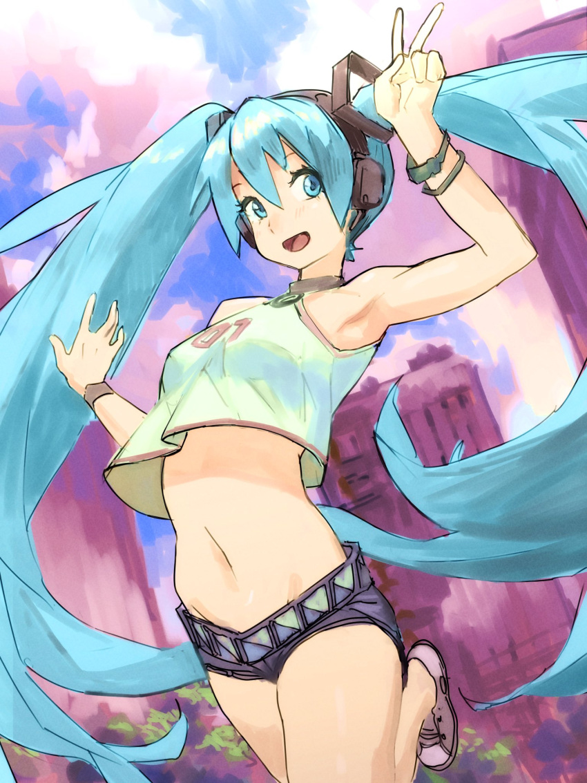 1girl, :d, aqua_eyes, aqua_hair, bare_shoulders, bracelet, breasts, building