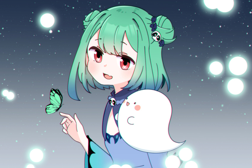 1girl, bangs, blue_dress, blue_hair, bug, butterfly, butterfly_in_eye, detached_collar