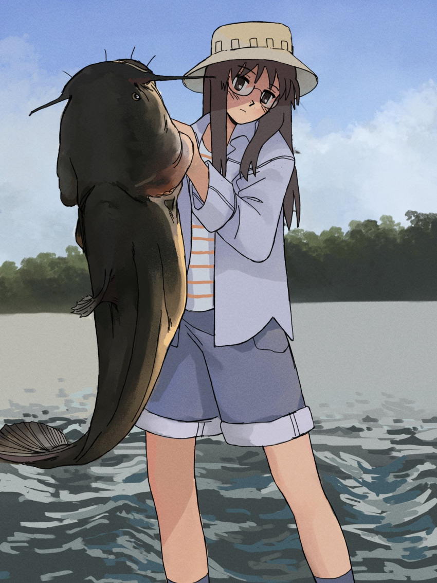 1girl, animal, blue_jacket, blue_shorts, brown_eyes, brown_hair, bucket_hat, catfish, clouds, commentary, cordrawroy, english_commentary, expressionless, fish, glass, hat, highres, holding, holding_animal, holding_fish, in_water, jacket, lake, long_hair, long_sleeves, minakami_mai, nichijou, shirt, shorts, sidelocks, sky, solo, standing, striped, striped_shirt, tree, water, yellow_headwear