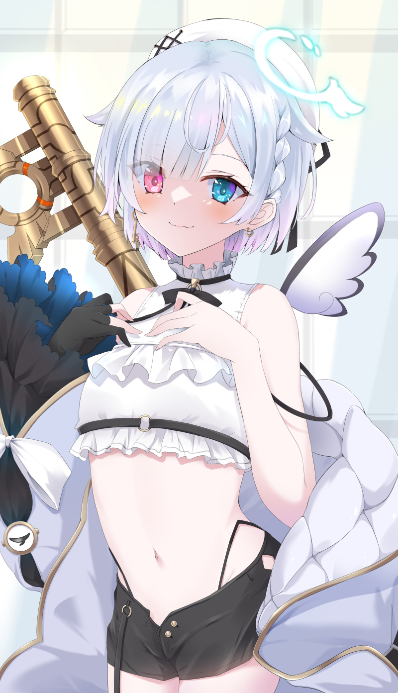 1girl, amemiya_nazuna, angel, angel_wings, bangs, bare_shoulders, beret, black_gloves