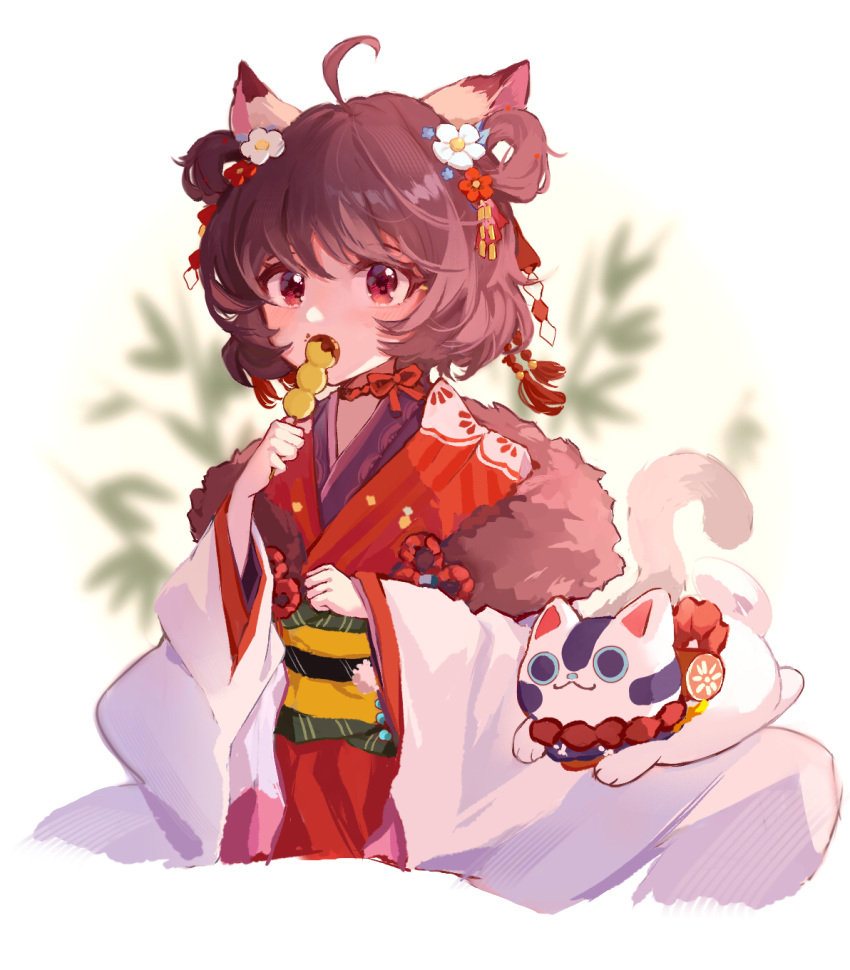 1girl, ahoge, animal_ears, bangs, blurry, blurry_background, blush, brown_hair