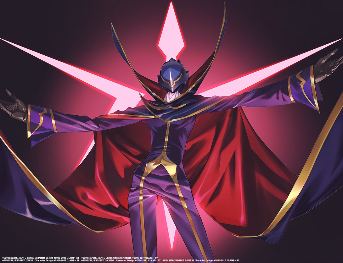 1boy, black_background, black_gloves, cape, code_geass, code_geass:_genesic_re;code, gloves, helmet, jumpsuit, leaning_back, lelouch_lamperouge, looking_up, male_focus, official_art, open_hands, purple_cape, purple_jumpsuit, solo, whoopin, zero_(code_geass)