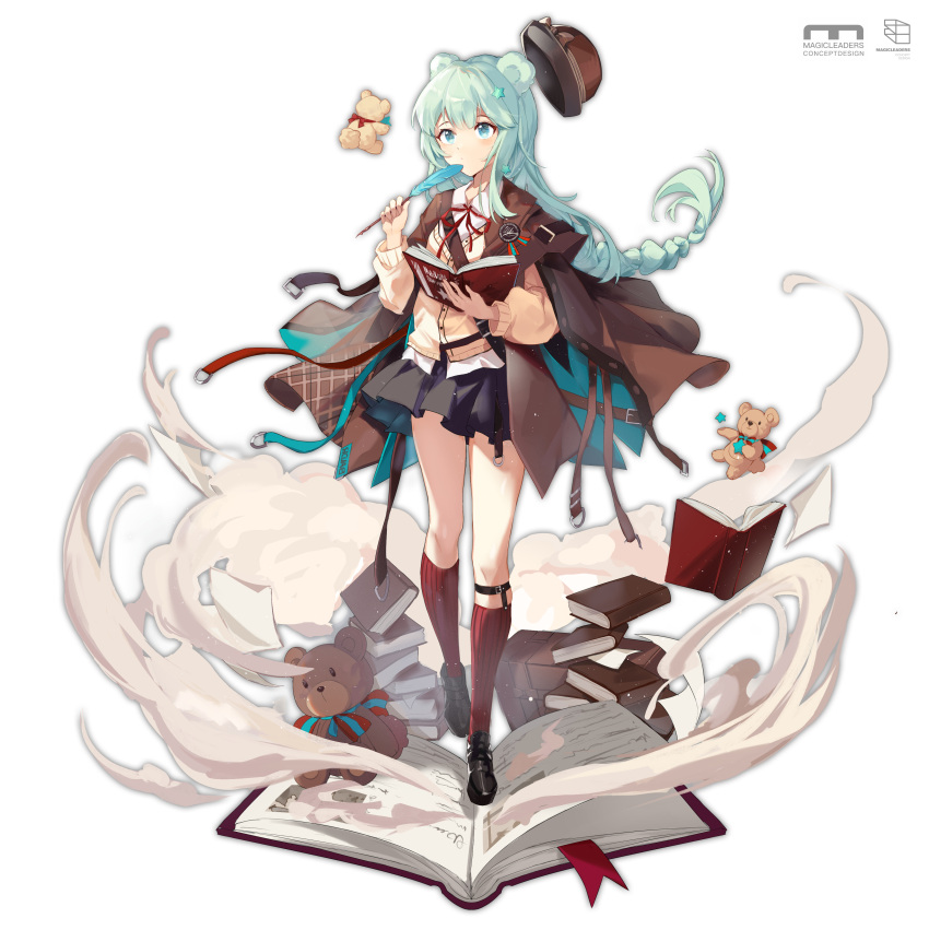 1girl, absurdres, animal_ears, arknights, bear_ears, black_footwear, black_skirt, blush, book, book_stack, bowler_hat, brown_coat, brown_headwear, cardigan, closed_mouth, coat, coat_on_shoulders, collared_shirt, full_body, hair_ornament, hakuto_kinkinko, hat, hat_removed, headwear_removed, highres, holding, holding_book, holding_quill, istina_(arknights), kneehighs, legwear_garter, loafers, long_hair, miniskirt, neck_ribbon, open_book, outline, quill, red_ribbon, red_socks, ribbon, shirt, shoes, skirt, socks, solo, star_(symbol), star_hair_ornament, stuffed_animal, stuffed_toy, teddy_bear, white_background, white_shirt