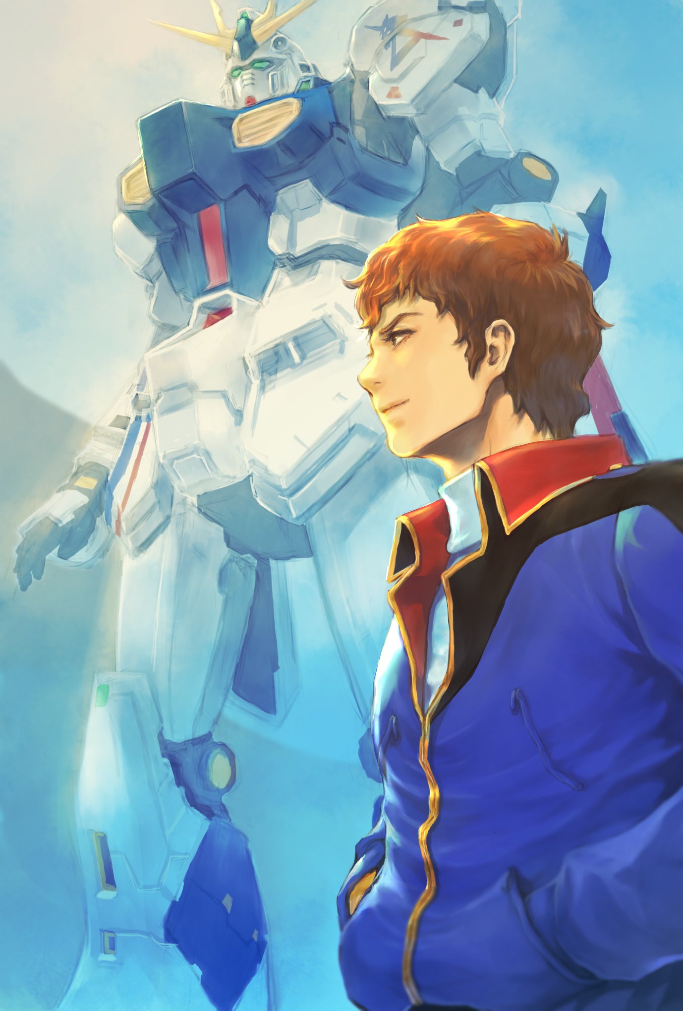 1boy, amuro_ray, blue_jacket, brown_eyes, brown_hair, char's_counterattack, green_eyes, gundam, hair_behind_ear, hands_in_pockets, highres, jacket, looking_up, mecha, nu_gundam_(rx-93ff), open_hand, profile, robot, science, takeda_yuuko, v-fin