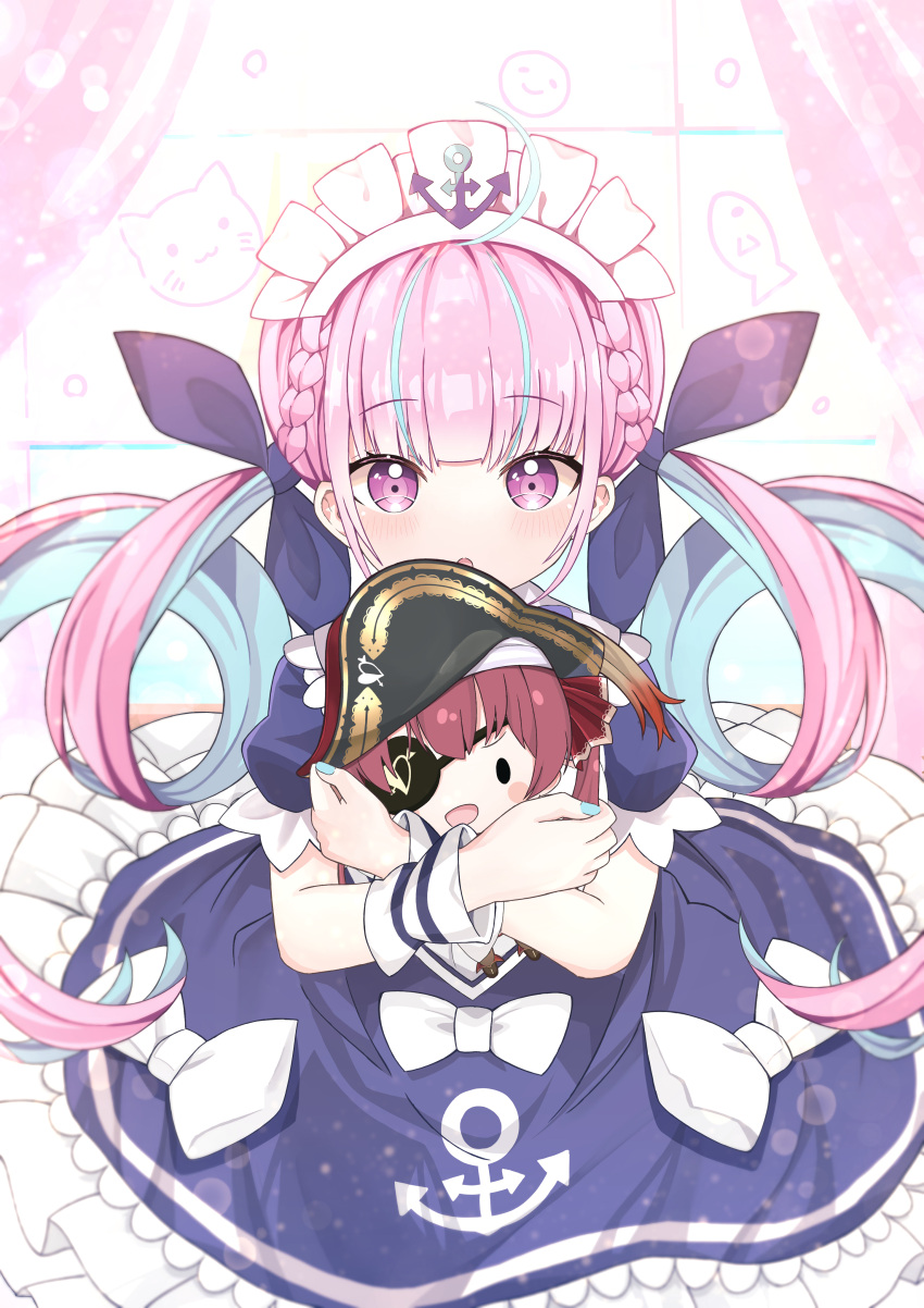 1girl, :o, absurdres, ahoge, anchor_symbol, bangs, blue_dress, blue_hair
