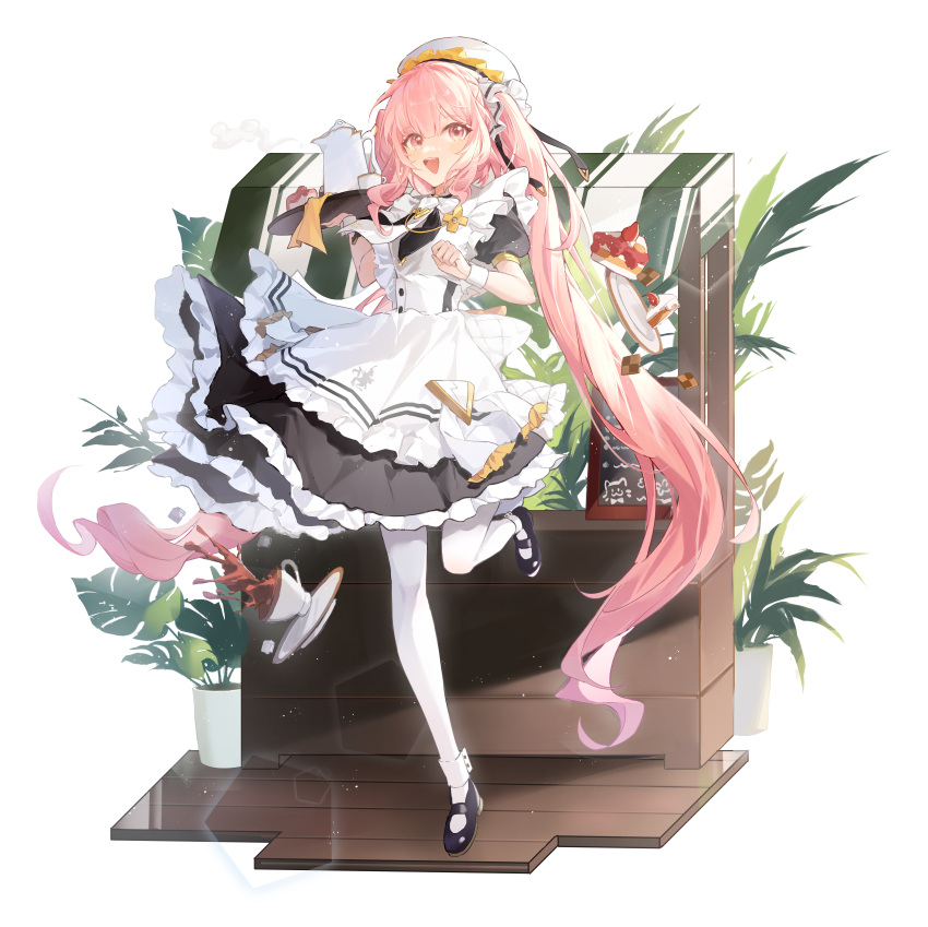 1girl, absurdres, alchemy_stars, ankle_cuffs, apron, bandaid, bandaid_on_face, beret