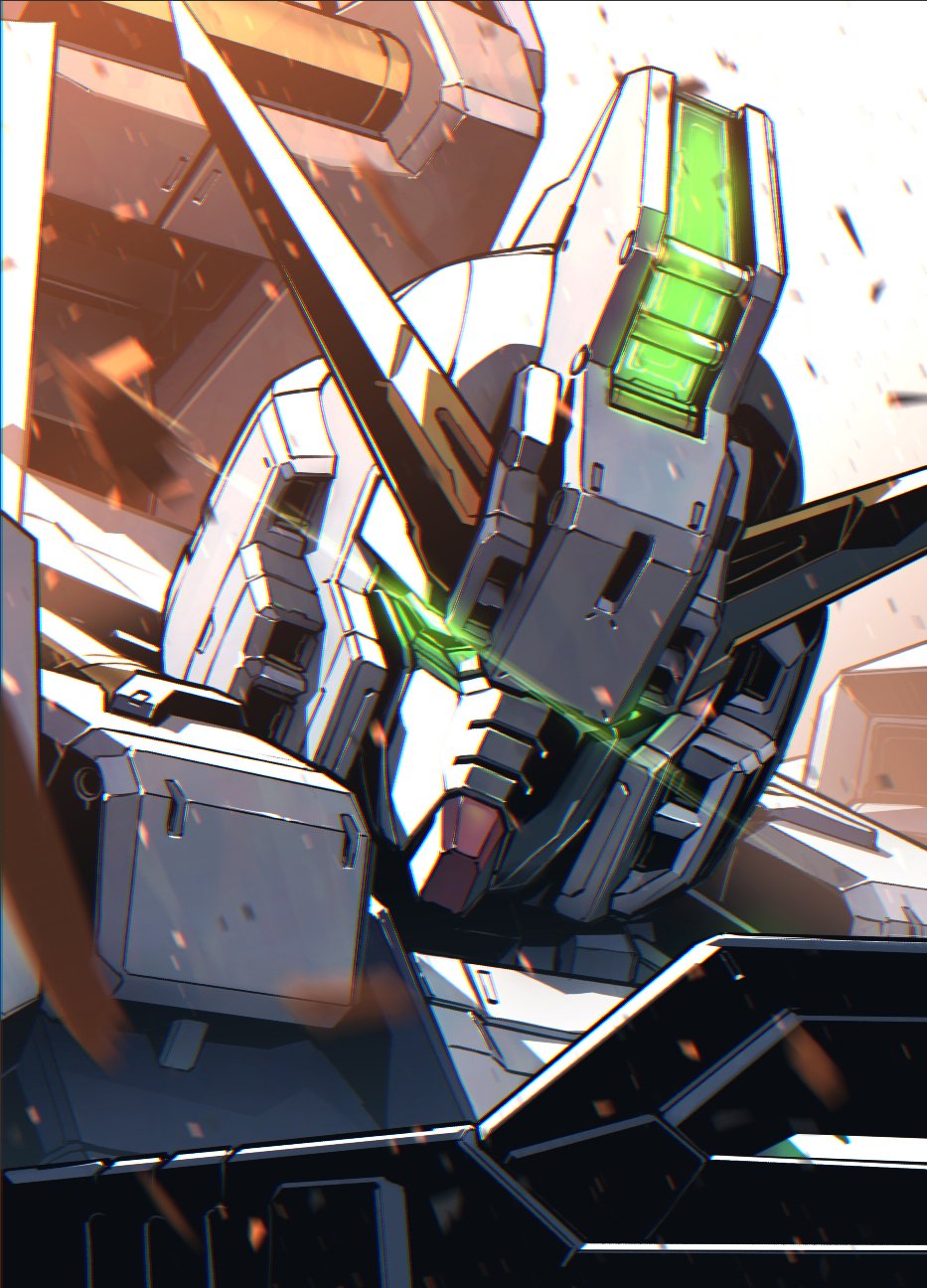 advance_of_zeta, embers, glowing, glowing_eyes, green_eyes, gundam, gundam_tr-1_hazel, head_tilt