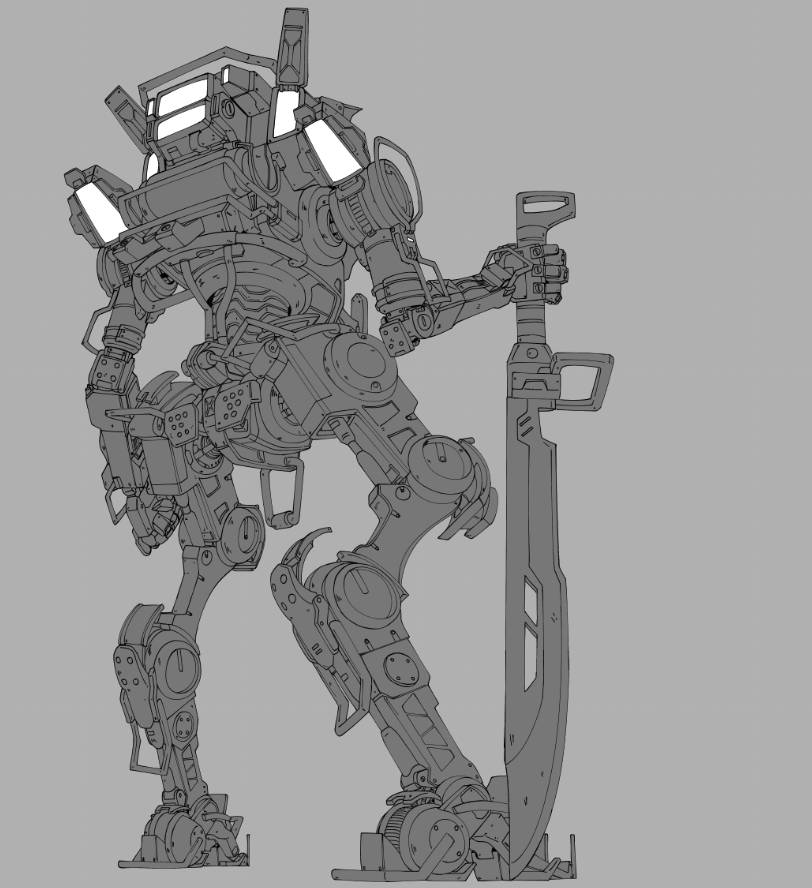 cable, from_behind, greyscale, holding, holding_sword, holding_weapon, mecha, monochrome
