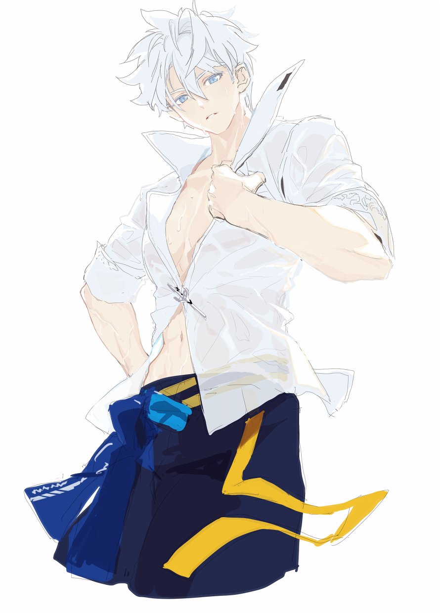 1boy, bangs, blue_eyes, blue_male_swimwear, highres, honkai_(series), honkai_impact_3rd, juer1004