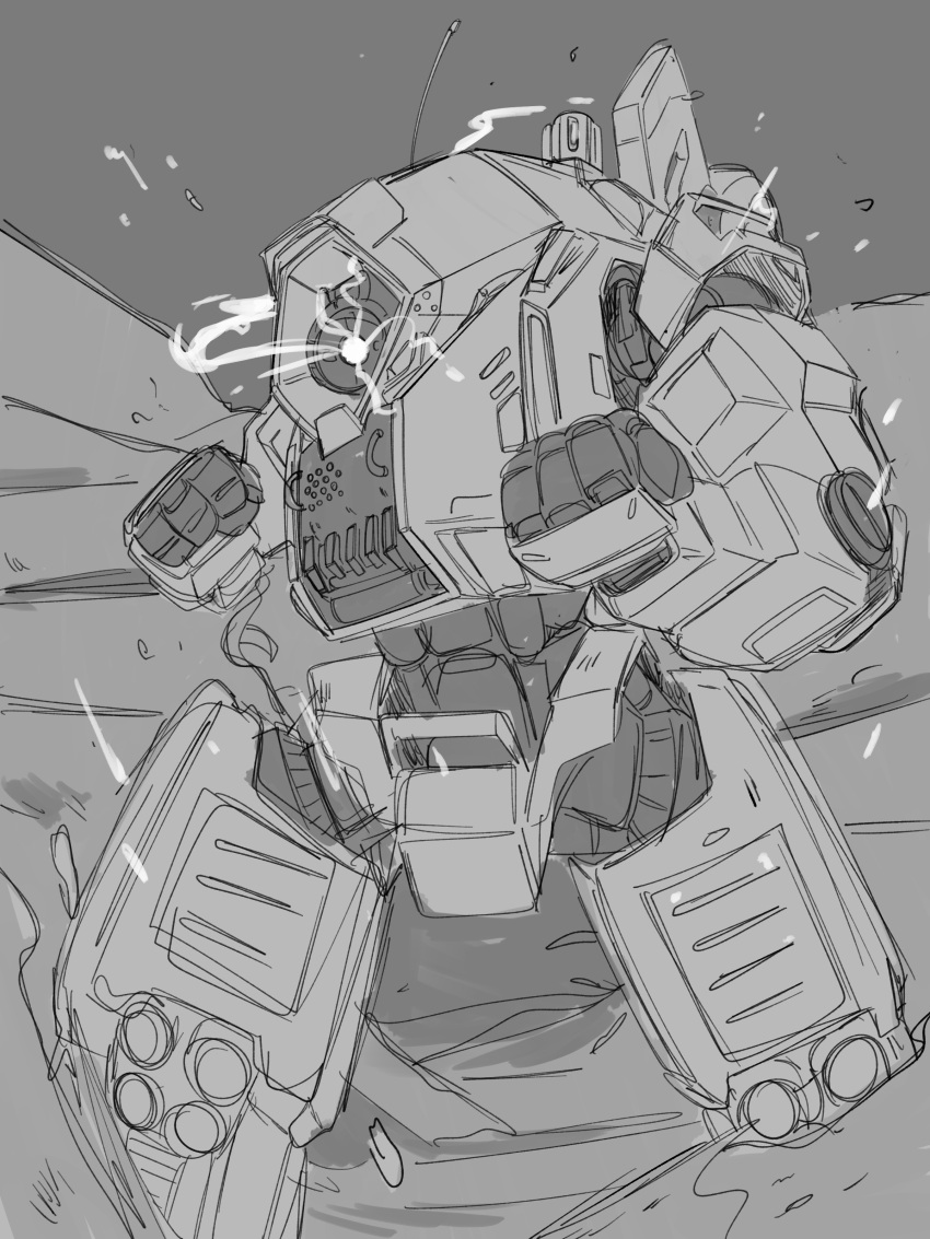 absurdres, clenched_hands, english_commentary, glowing, glowing_eye, greyscale, highres, ion_(titanfall_2)