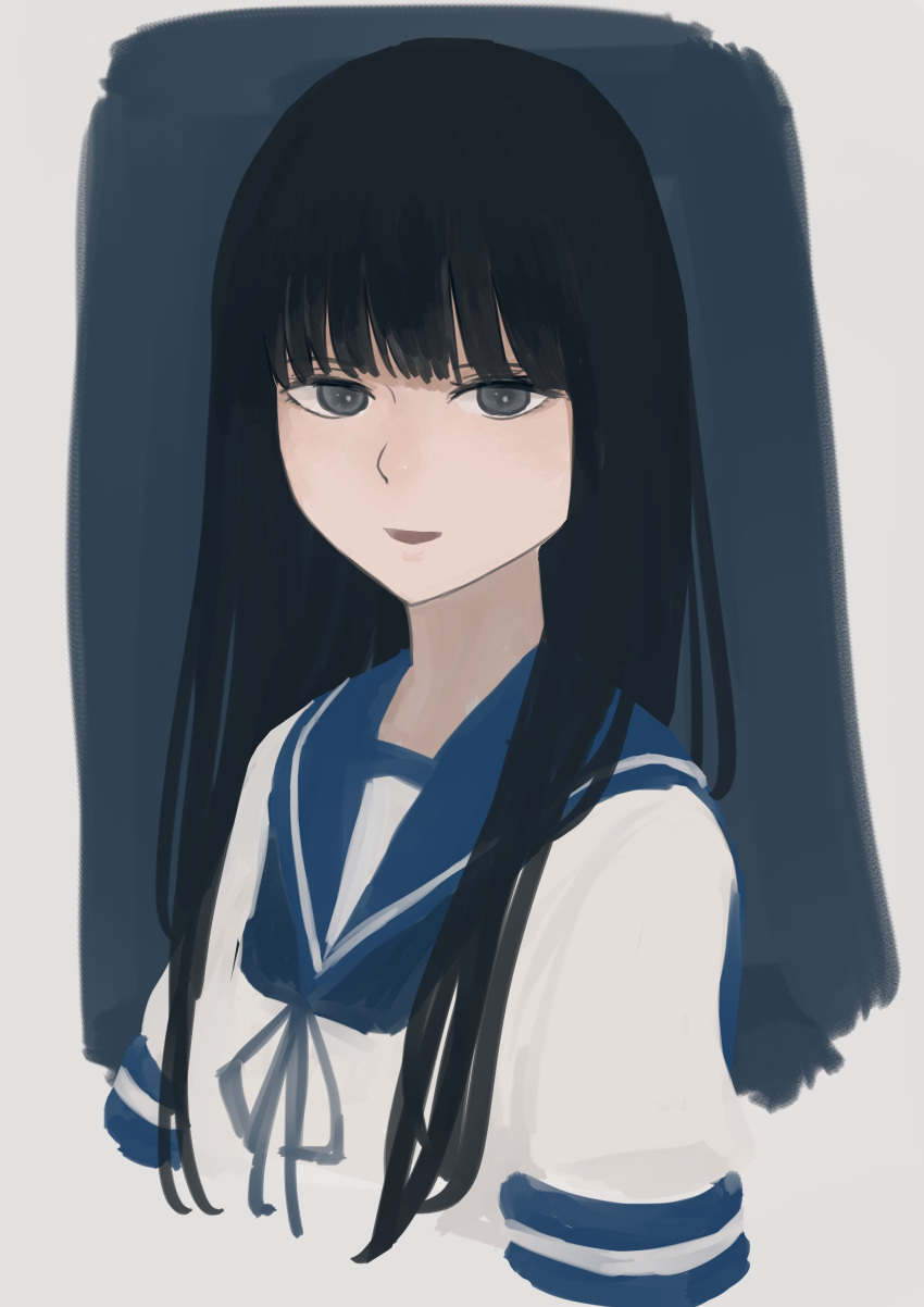 1girl, absurdres, bangs, black_eyes, black_hair, blue_neckerchief, blue_sailor_collar, blunt_bangs, chitosan, hatsuyuki_(kancolle), highres, hime_cut, kantai_collection, long_hair, looking_at_viewer, neckerchief, sailor_collar, school_uniform, serafuku, short_sleeves, solo, upper_body