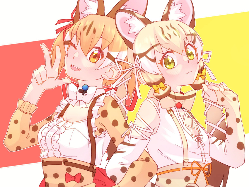 2girls, animal_costume, animal_ear_fluff, animal_ears, belt, blonde_hair, bow, bowtie, cat_ears, cat_girl, closed_mouth, geoffroy's_cat_(kemono_friends), green_eyes, hauru_252, highres, kemono_friends, kemono_friends_v_project, large-spotted_genet_(kemono_friends), long_hair, looking_at_viewer, microphone, multicolored_hair, multiple_girls, one_eye_closed, open_mouth, orange_eyes, orange_hair, ribbon, shirt, simple_background, skirt, smile, twintails, virtual_youtuber