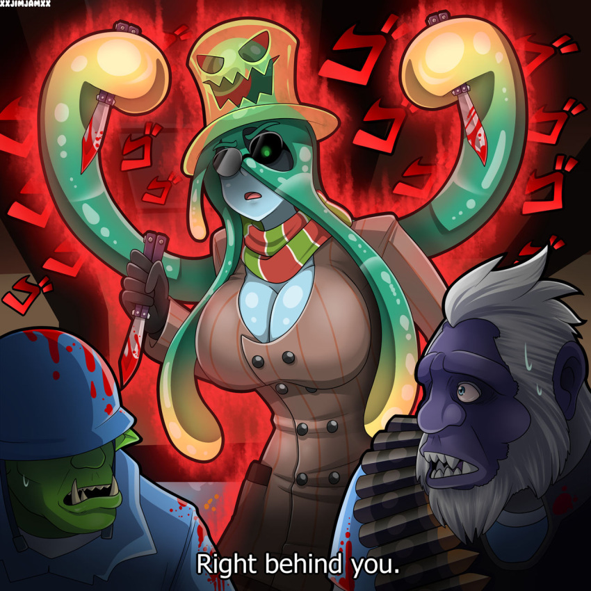 1girl, 2boys, blood, blood_on_clothes, blood_on_knife, colored_skin, crossover, fangs