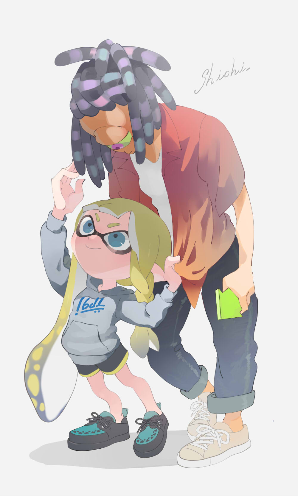 1boy, 1girl, aged_up, aqua_footwear, artist_name, bangs, black_pants, black_shorts